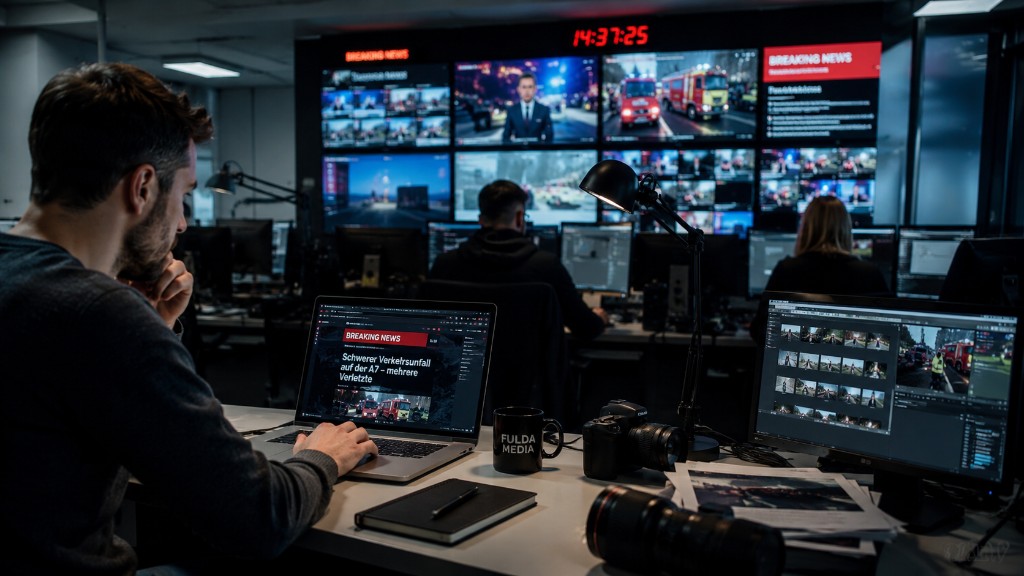 Newsroom mit mehreren Monitoren, Breaking-News auf dem Bildschirm und Fulda-Media-Arbeitsplatz